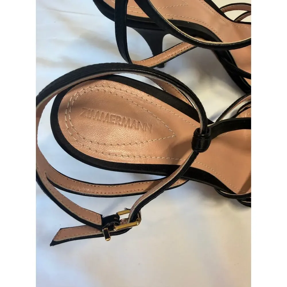 Zimmermann Black Satin Strappy Heels Sandals EU 38 Ankle Strap Women's